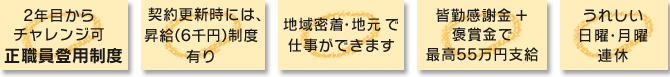 ○2年目からチャレンジ可正職員登用制度
○契約更新時には、昇給（6千円）制度有り
○地域密着・地元で仕事ができます
○皆勤感謝金＋褒賞金で最高55万円支給
○うれしい日曜・月曜連休