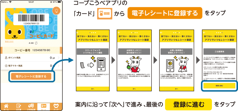 コープこうべアプリの「カード」から「電子レシートに登録する」をタップ／案内に沿って「次へ」で進み、最後の「登録に進む」をタップ