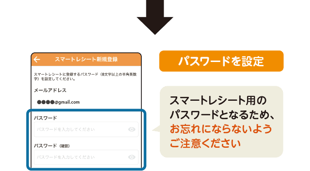 「パスワードを設定」スマートレシート用のパスワードとなるため、お忘れにならないようご注意ください